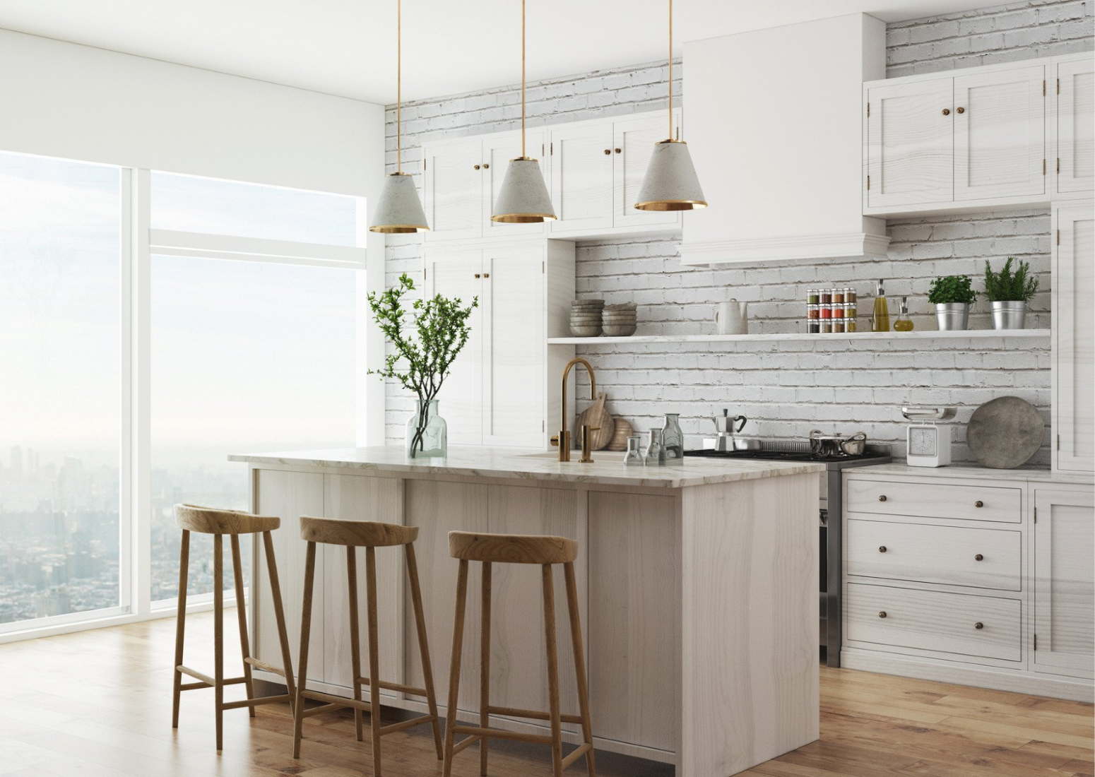 kitchen with clear round pendant light